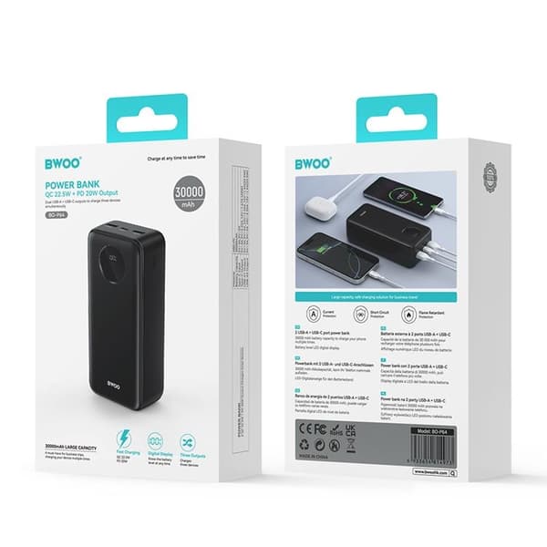 BWOO Powerbank 30000mAh 22.5W med LCD-skärm - Svart