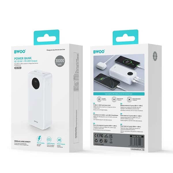 BWOO Powerbank 30000mAh 22.5W med LCD-skärm - Vit