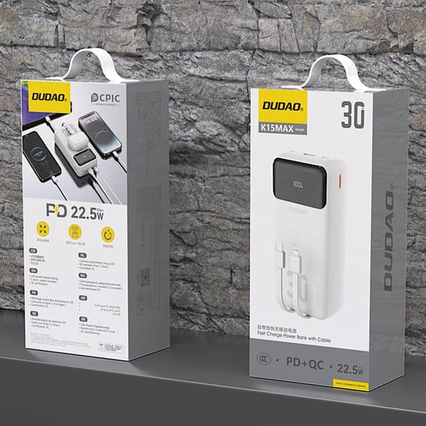 Dudao Powerbank 30000mAh 22.5W PD med Kabel - Vit