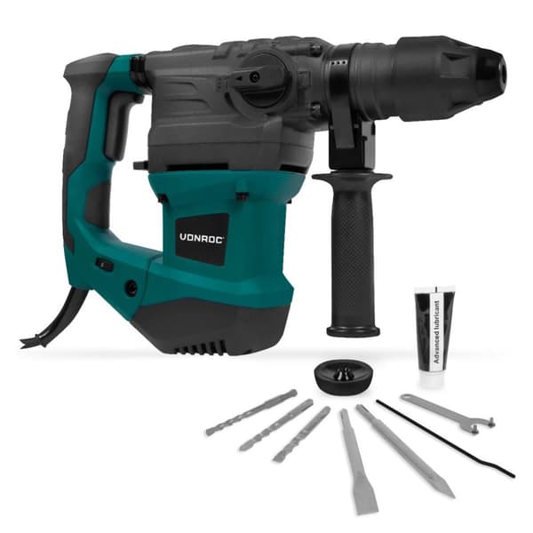 VONROC Borehammer - 1800W - Rotation - Pneumatisk - 6 Joule | SDS plus | Inkl. Borehoved og Tilbehør