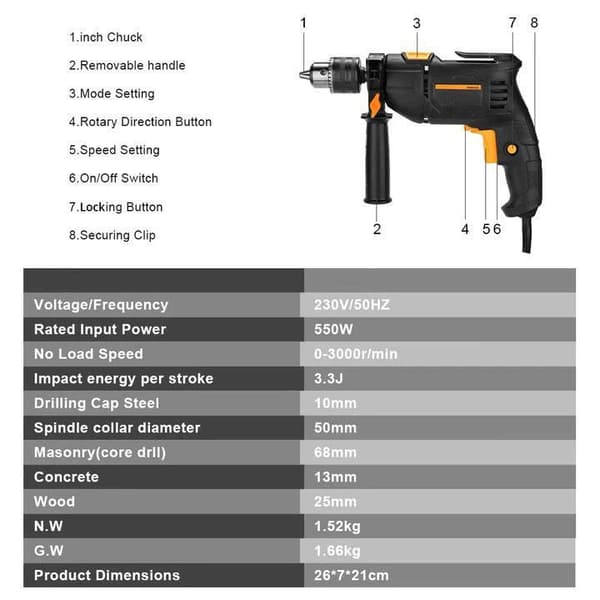 550W 3000RPM elektrisk skruvmejsel, 2 funktioner elektrisk borrhammare