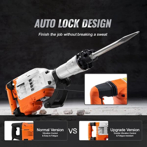 1700W 60J kraftig elektrisk domkraftshammare med 2st mejselbitar, rivning jackhammare, automatisk låsdesign