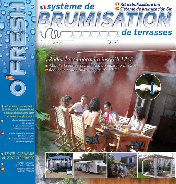 O'FRESH Outdoor Terrace Fogger 6m - Pergola Parasoll Växthus - 6 mässingsmunstycken - Utomhusluftkonditionering - Motverkar mygg