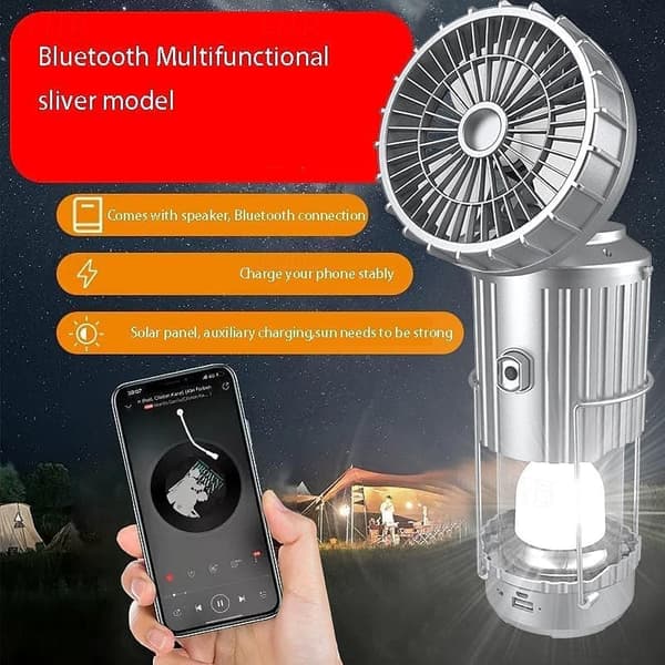 OBOSOE Bärbar Handfläkt/fläkt med Turboeffekt med Bluetooth – Solcellsdriven campinglampa Perfekt för Resor och Utomhusaktiviteter Silver USB, 3000mAh, Bluetooth-högtalare