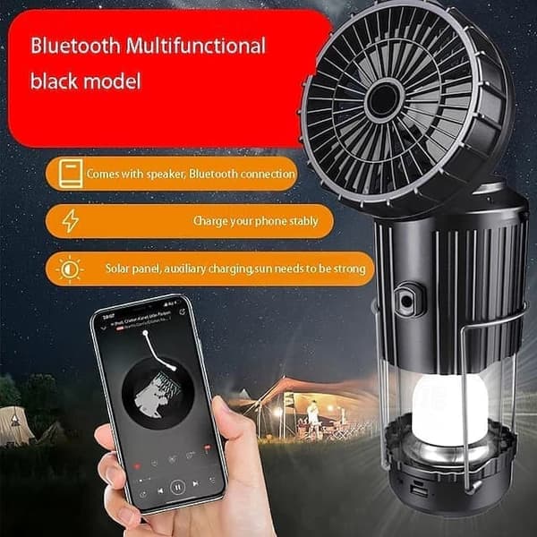 OBOSOE Bärbar Handfläkt/fläkt med Turboeffekt med Bluetooth – Solcellsdriven campinglampa Perfekt för Resor och Utomhusaktiviteter