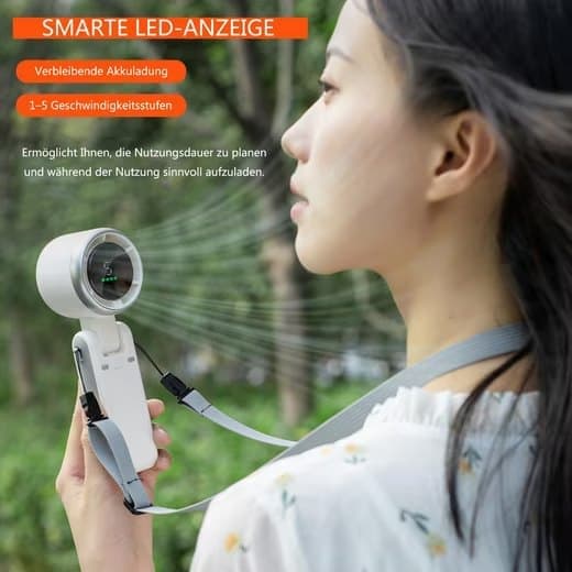 Lollanda Mini Fan, 3-in-1 kannettava käsituuletin – Voidaan ripustaa kaulaan, 5 nopeutta, ladattava ja käännettävä 180°