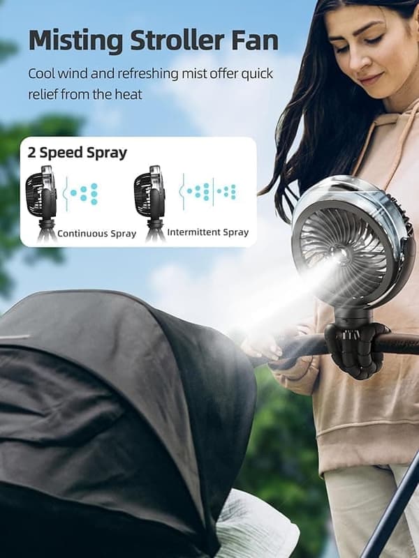OBOSOE bærbar håndventilator til klapvogn, sprøjteventilator med fleksibelt stativstativ, justerbar hastighed og lang batterilevetid