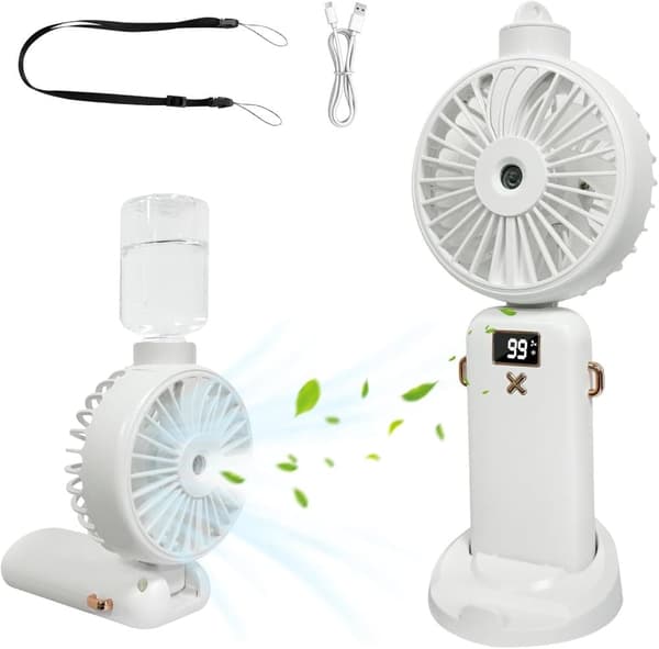 Lollanda Bærbar Sprayventilator 5000mAh, Sprayventilator – LED, 90° drejelig, Kan hænges på halsen Hvid