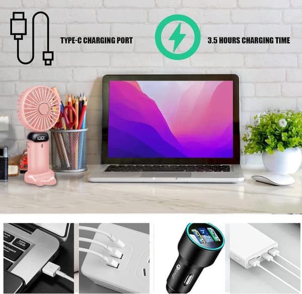 OBOSOE Handfläkt – Portabel Mini USB-Fläkt med 5 Hastigheter & Stativ – Uppladdningsbar & Hopfällbar