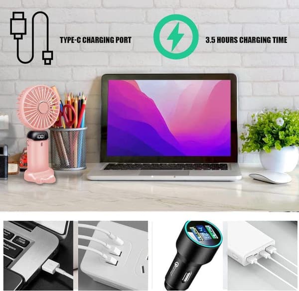 OBOSOE Handfläkt – Portabel Mini USB-Fläkt med 5 Hastigheter & Stativ – Uppladdningsbar & Hopfällbar