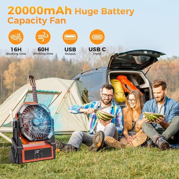 OBOSOE Campingfläkt med LED-ljus, Bärbar Fläkt 20000mAh Batteri, 4 Hastigheter för Utomhus & Tält
