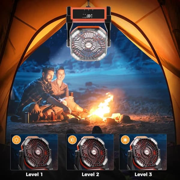 OBOSOE Campingfläkt med LED-ljus, Bärbar Fläkt 20000mAh Batteri, 4 Hastigheter för Utomhus & Tält
