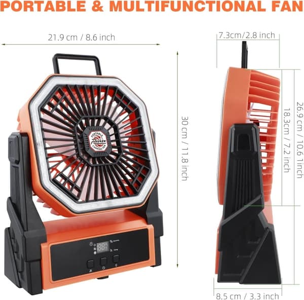 OBOSOE bærbar campingventilator med 20000mAh batteri, LED-lys og display – genopladelig ventilator til rejser og udendørs