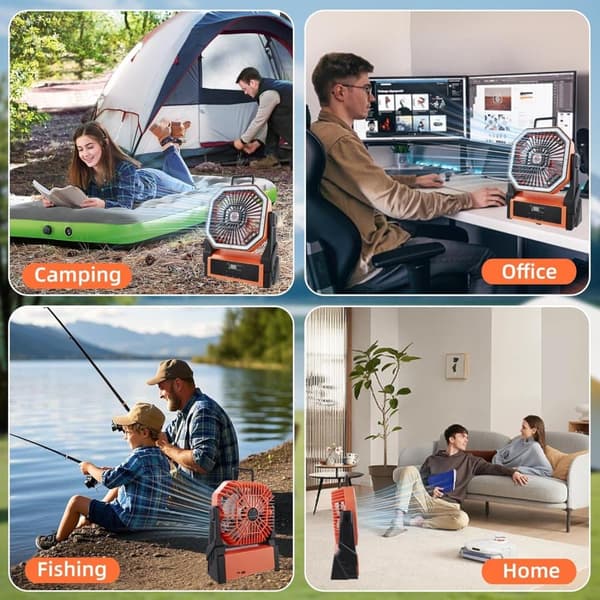 OBOSOE bærbar campingventilator med 20000mAh batteri, LED-lys og display – genopladelig ventilator til rejser og udendørs