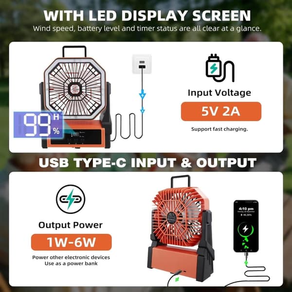 OBOSOE bærbar campingventilator med 20000mAh batteri, LED-lys og display – genopladelig ventilator til rejser og udendørs