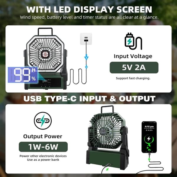 OBOSOE bærbar campingventilator med 20000mAh batteri, LED-lys og display – genopladelig ventilator til rejser og udendørs