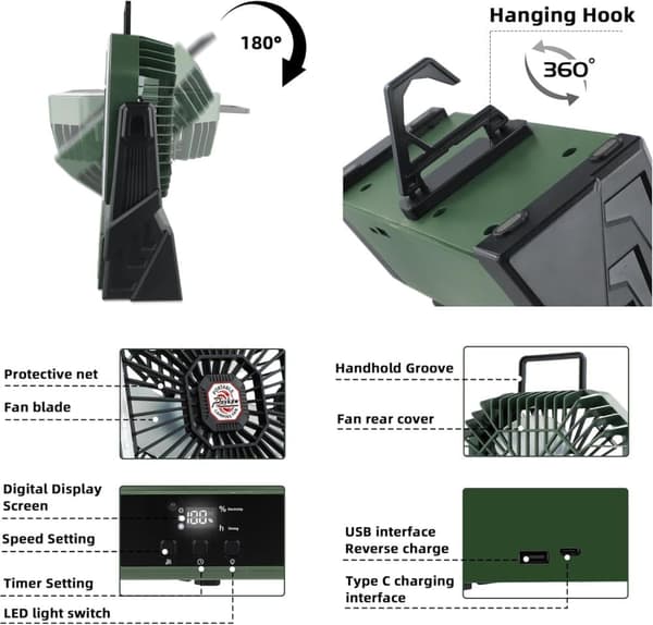 OBOSOE bærbar campingventilator med 20000mAh batteri, LED-lys og display – genopladelig ventilator til rejser og udendørs