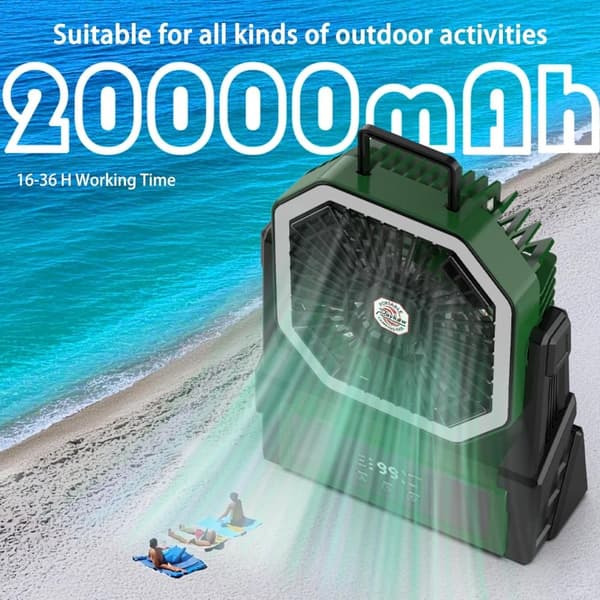 OBOSOE bærbar campingventilator med 20000mAh batteri, LED-lys og display – genopladelig ventilator til rejser og udendørs