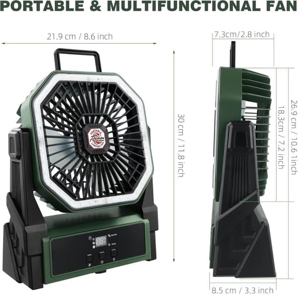 OBOSOE bærbar campingventilator med 20000mAh batteri, LED-lys og display – genopladelig ventilator til rejser og udendørs