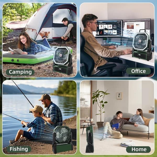 OBOSOE bærbar campingventilator med 20000mAh batteri, LED-lys og display – genopladelig ventilator til rejser og udendørs