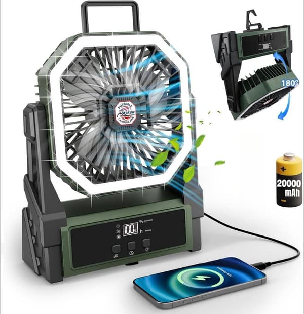 OBOSOE bærbar campingventilator med 20000mAh batteri, LED-lys og display – genopladelig ventilator til rejser og udendørs Grøn