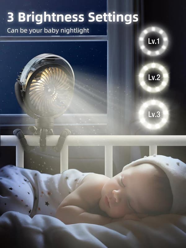 Lollanda 6.000 mAh batteridrevet bærbar ventilator med lys og 360° drejelig, personlig blæser med fleksibelt stativ til baby