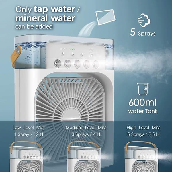OBOSOE bærbar luftkøler, sprøjteventilator med justerbar vindhastighed og lystilstande, timerfunktion