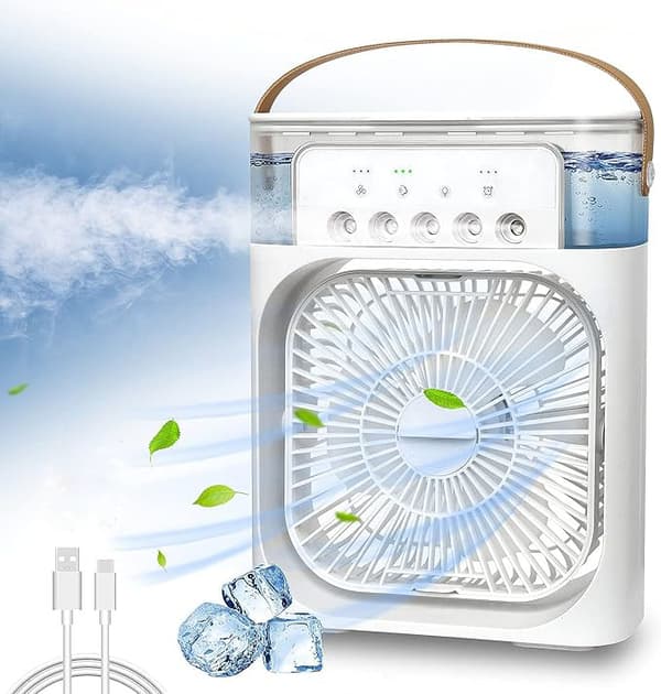 OBOSOE bærbar luftkøler, sprøjteventilator med justerbar vindhastighed og lystilstande, timerfunktion