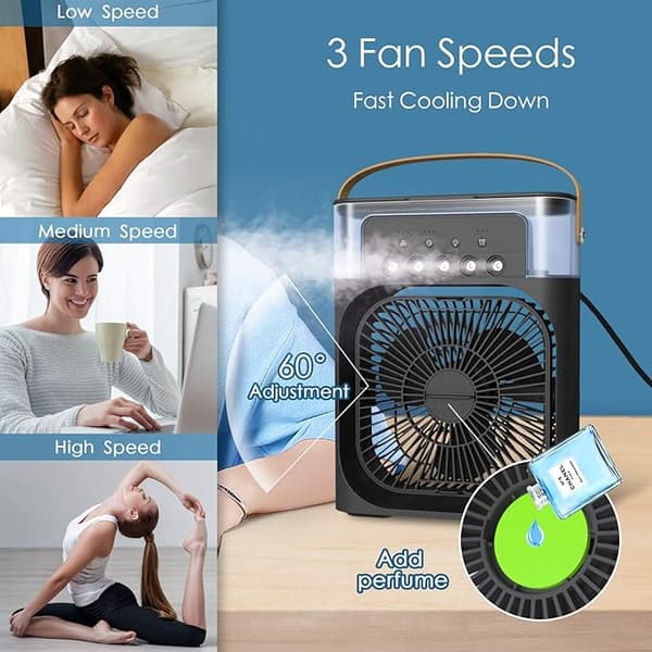 OBOSOE bærbar luftkøler, sprøjteventilator med justerbar vindhastighed og lystilstande, timerfunktion