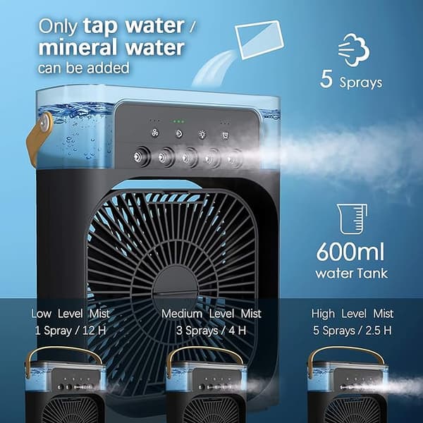 OBOSOE bærbar luftkøler, sprøjteventilator med justerbar vindhastighed og lystilstande, timerfunktion