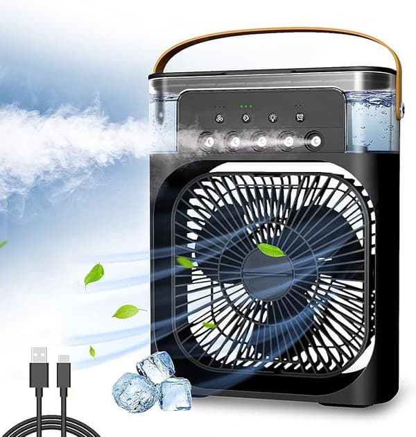 OBOSOE bærbar luftkøler, sprøjteventilator med justerbar vindhastighed og lystilstande, timerfunktion