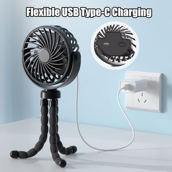 Lollanda Fleksibel Klapvognsventilator – Genopladelig Bærbar Ventilator med Batteri, 360° Rotation, 3 Hastigheder, Natlys & Stativfunktion