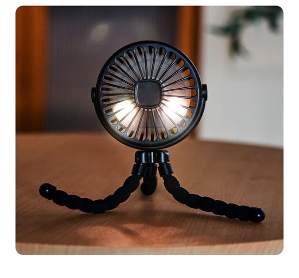 Lollanda Fleksibel Klapvognsventilator – Genopladelig Bærbar Ventilator med Batteri, 360° Rotation, 3 Hastigheder, Natlys & Stativfunktion
