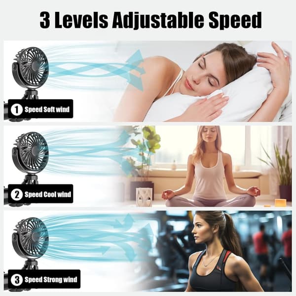 Lollanda Fleksibel Klapvognsventilator – Genopladelig Bærbar Ventilator med Batteri, 360° Rotation, 3 Hastigheder, Natlys & Stativfunktion