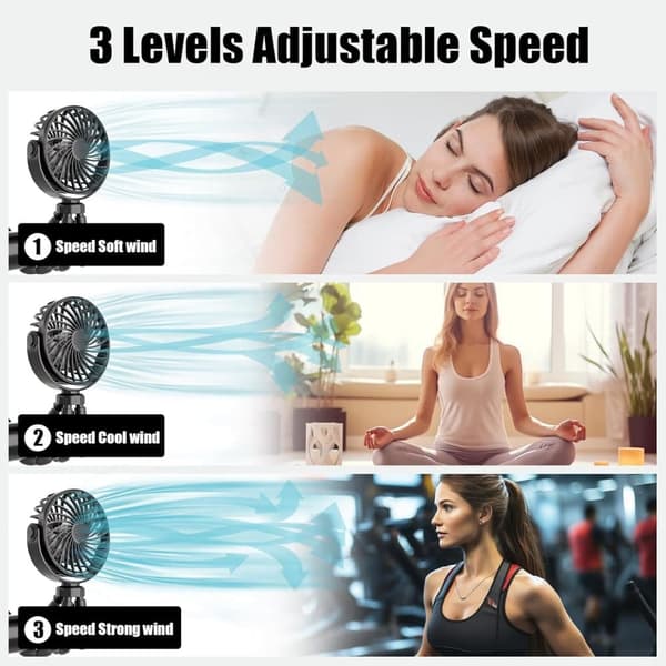 Lollanda Fleksibel Klapvognsventilator – Genopladelig Bærbar Ventilator med Batteri, 360° Rotation, 3 Hastigheder, Natlys & Stativfunktion