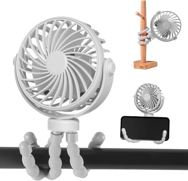 Lollanda Flexibel Barnvagnsfläkt – Uppladdningsbar Portabel Fläkt med Batteri, 360° Rotation, 3 Hastigheter, Nattlampa & Stativfunktion