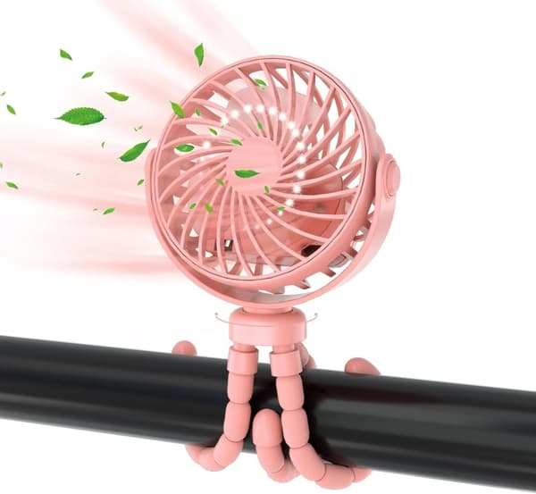 Lollanda Flexibel Barnvagnsfläkt – Uppladdningsbar Portabel Fläkt med Batteri, 360° Rotation, 3 Hastigheter, Nattlampa & Stativfunktion Rosa