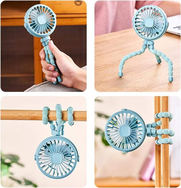Lollanda Barnvagnsfläkt Portabel, Mini barnvagnsfläkt, Portabel Handfläkt med Flexibel Trebensstativ – 3 Hastigheter, 360° Rotation