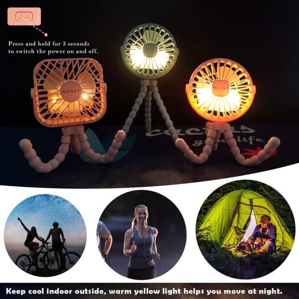 Lollanda Barnvagnsfläkt Portabel, Mini barnvagnsfläkt, Portabel Handfläkt med Flexibel Trebensstativ – 3 Hastigheter, 360° Rotation