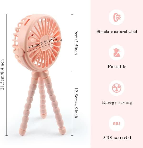 Lollanda Barnvagnsfläkt Portabel, Mini barnvagnsfläkt, Portabel Handfläkt med Flexibel Trebensstativ – 3 Hastigheter, 360° Rotation