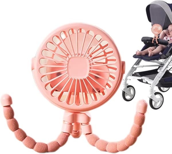 Lollanda Barnvagnsfläkt Portabel, Mini barnvagnsfläkt, Portabel Handfläkt med Flexibel Trebensstativ – 3 Hastigheter, 360° Rotation Rosa