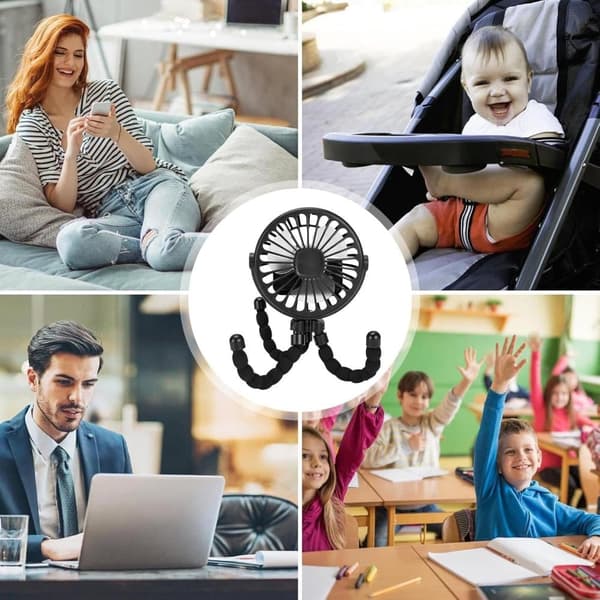 Lollanda Barnvagnsfläkt Portabel, Mini barnvagnsfläkt, Portabel Handfläkt med Flexibel Trebensstativ – 3 Hastigheter, 360° Rotation