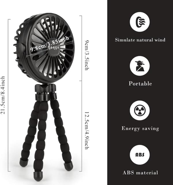 Lollanda Barnvagnsfläkt Portabel, Mini barnvagnsfläkt, Portabel Handfläkt med Flexibel Trebensstativ – 3 Hastigheter, 360° Rotation