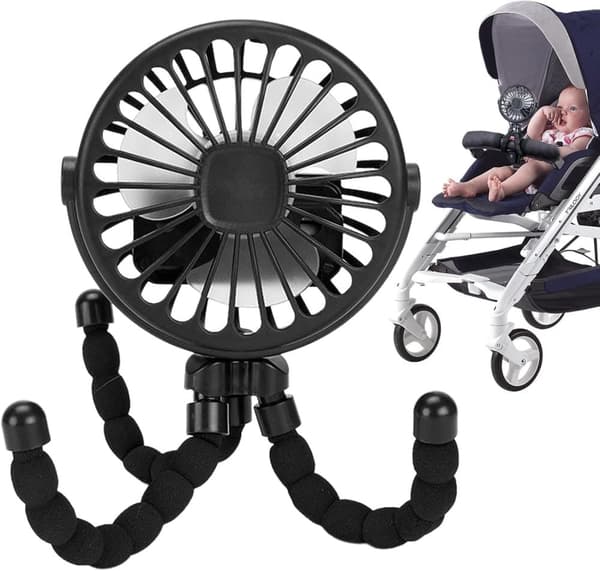 Lollanda Barnvagnsfläkt Portabel, Mini barnvagnsfläkt, Portabel Handfläkt med Flexibel Trebensstativ – 3 Hastigheter, 360° Rotation