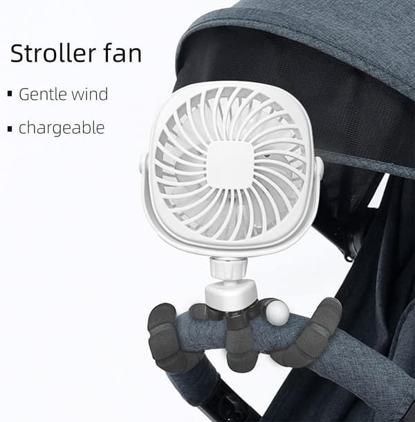 Lollanda Mini Fläkt 2200mAh, Portabel Barnvagnsfläkt med Flexibel Trebensstativ – Portabel, Barnvagn, 3 Hastigheter, 360° Rotation