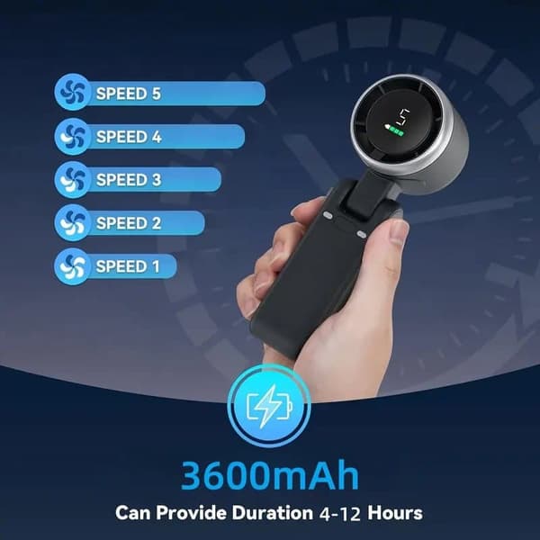 OBOSOE Bärbar Handfläkt/fläkt med Turboeffekt – 5 Hastigheter, 3-i-1 Funktion, Perfekt för Resor och Utomhusaktiviteter