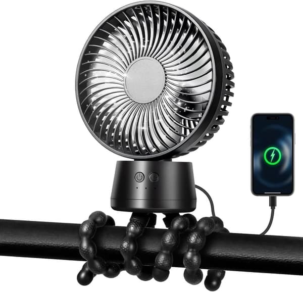 OBOSOE Flexibel Barnvagnsfläkt med 360° Rotation – 40H Lång Batteritid, Uppladdningsbar, 3 Hastigheter, Portabel Fläkt för Resor, Bilsäte & Sovrum
