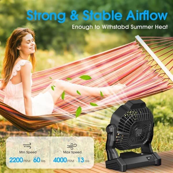 OBOSOE bærbar campingventilator med LED-pære, 7800mAh genopladelig, lydløs blæser til picnic og fiskeri