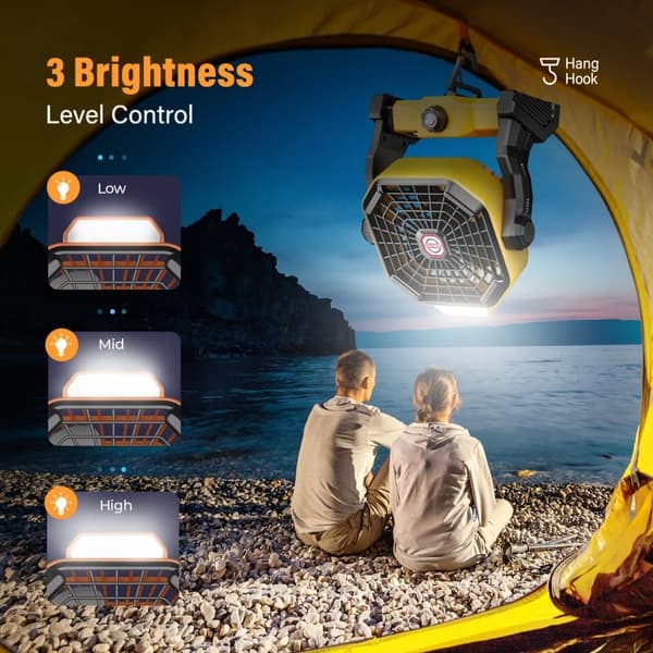 OBOSOE bærbar campingventilator med LED-pære, 7800mAh genopladelig, lydløs blæser til picnic og fiskeri