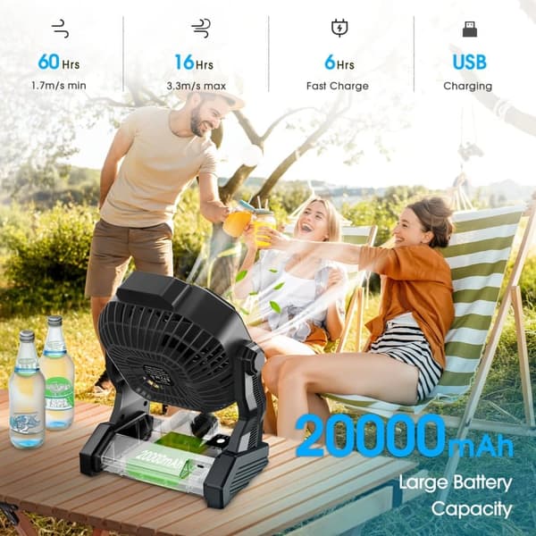 OBOSOE bærbar campingventilator med LED-pære, 7800mAh genopladelig, lydløs blæser til picnic og fiskeri